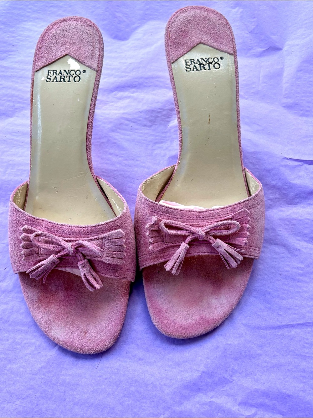 Franco Sarto Rose Pink Suede Bow Slide Mules
